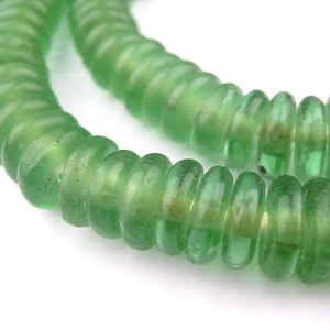 125 Light Green Rondelle Recycled Glass Beads: Eco-Friendly West African Ghanaian Disk 12mm Rustic Ethnic Handmade Strung (RCY-DSK-GRN-1031)