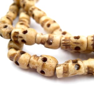108 Vintage-Style Carved Bone Skull Beads - Vintage Bone Beads - Carved Bone Beads - Hand-Carved Beads - Meditation Beads (BON-CYL-BRN-311)