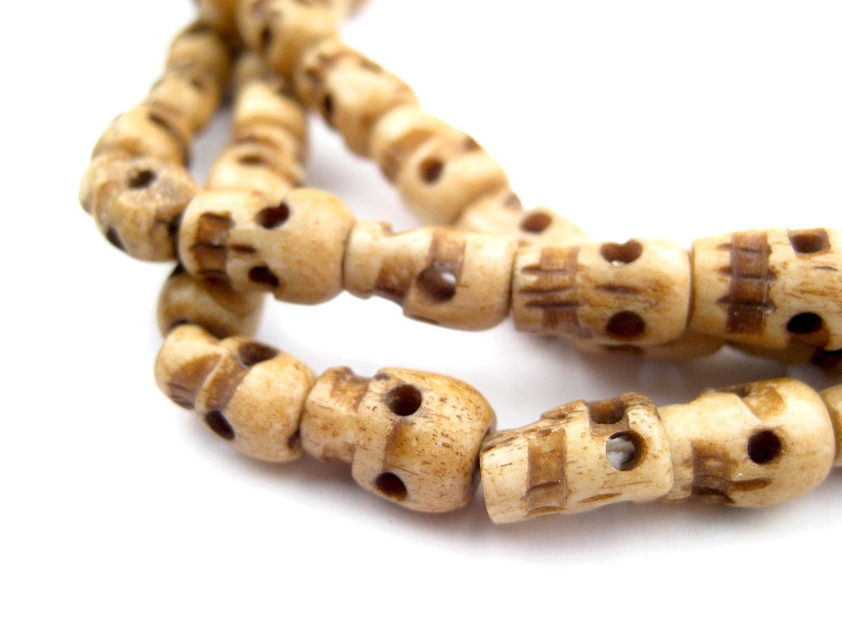 108 Vintage-Style Carved Bone Skull Beads - Vintage Bone Beads - Carved Bone Beads - Hand-Carved Beads - Meditation Beads (BON-CYL-BRN-311)