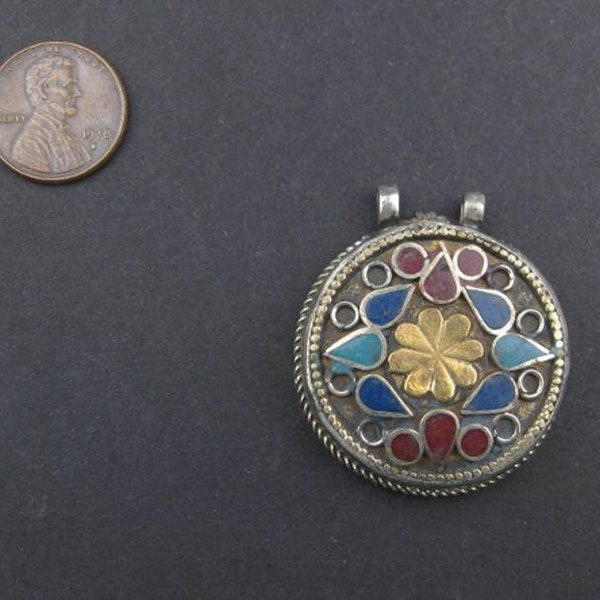Premium Flower Inlaid Afghani Silver Pendant: Ethnic Pendant White Metal Pendant Unique Finding Handmade Pendant Pendant for Jewelry
