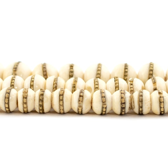 Brass-Inlaid White Bone Mala Beads: 6mm 8mm 10mm Round Artisan Nepal Prayer Meditation Jewelry Design & Interior Home Decor Metal Inlay Yoga