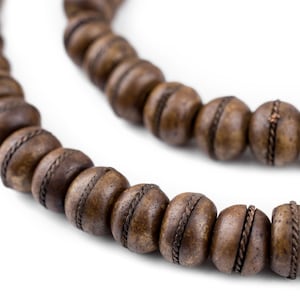 108 Copper Inlaid Brown Bone Mala Beads: Yoga Meditation Mala Strand Recycled Bone Beads Nepal Mala Beads Big Bone Beads (BON-RND-BRN-383)