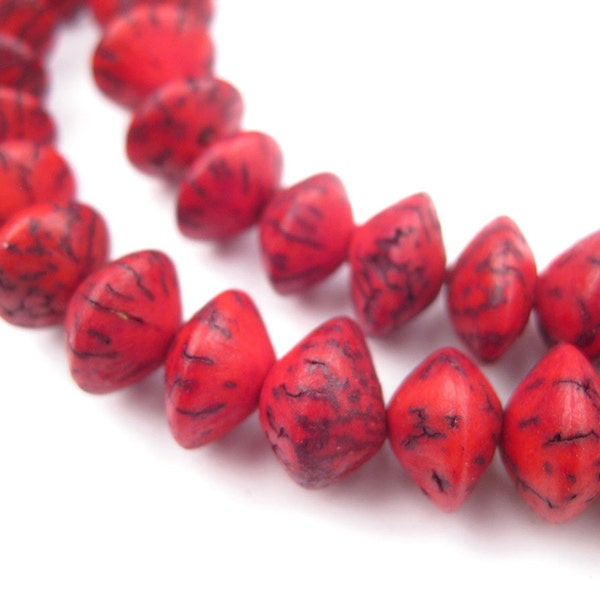 90 Coral Red Natural Saucer Seed Beads: Wood 10mm Rustic Ethnic Handmade Boho Shaped Large Big Genuine (PAC-SCR-RED-145)