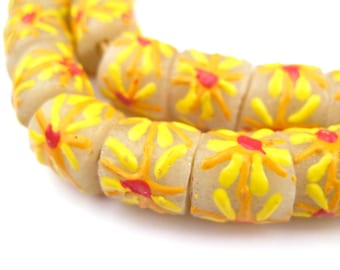 50 Summer Sunshine Krobo Powder Glass Beads - Yellow Painted Beads - Painted Glass Beads - Yellow Glass Beads - Trade Beads (KRB-CYL-YLW-99)