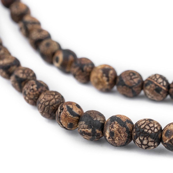 64 Crackled Eye Round Tibetan Agate Beads 6mm: Matte Gemstones Brown Agate Beads Rustic Stone Beads Small Tibet Beads Round Shaped Beads