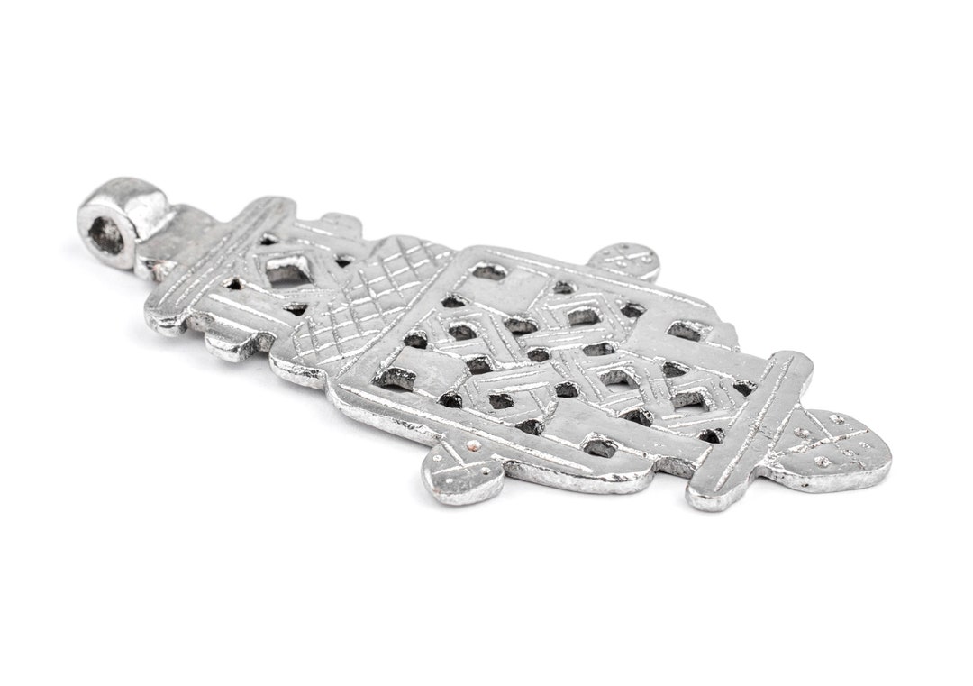The Bead Chest Ethiopian Coptic Cross Pendant – Large 85mm, Silver White Metal, Large Hole, Handmade