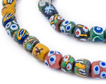 May include: A strand of colorful, patterned beads. The beads are a mix of shapes and sizes, with a variety of colors including yellow, blue, green, red, and black. Each bead features unique designs, such as dots, stripes, and floral patterns. The beads are strung together, creating a decorative accessory.