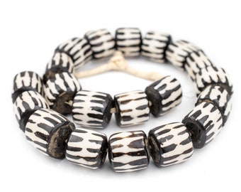 20 cuentas de hueso batik con diseño Chevron en forma de barril: cuentas de hueso teñidas, hueso de vaca recuperado, cuentas de hueso natural, cuentas cilíndricas de hueso en blanco y negro