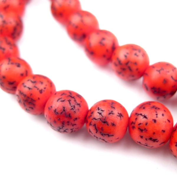 70 Coral Red Natural Round Seed Beads: Genuine Wood Shaped 10mm Rustic Ethnic Handmade Boho Traditional Large Ball (PAC-RND-RED-156)