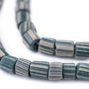 100 Ancient-Style Teal Java Gooseberry Beads 6-8mm: Striped Trade Beads Glass Cylinder Beads Rustic Glass Beads Handmade Glass Beads