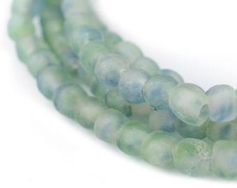 70 Blue-Green Swirl Recycled Glass Beads: Frosted Ghana Krobo Cultured Sea Ghanaian Round Shaped Rustic Ethnic Handmade (RCY-RND-MIX-1045)