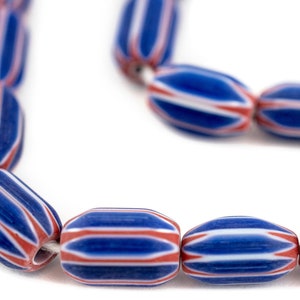 43 Blue Chevron Beads 14x10mm: Striped Traditional Glass Beads Inspired by Venetian African Trade Beads, Sold by the Strand, Wholesale