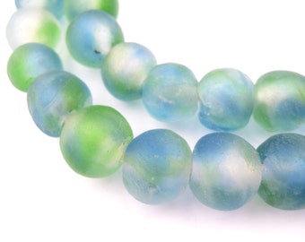 50 Light Blue Green Swirl Recycled Glass Beads - African Tribal Beads - Upcycled Glass Beads - Frosted Glass Beads (RCY-RND-MIX-938)