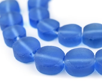 26 Blau Flache Kreisförmige Java Recyclingglas Perlen 15 mm: Matte Glasperlen Flasche Glasperlen Ethnische Glasperlen Blaue Glasperlen