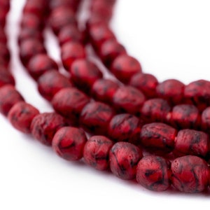 75 Red Black Swirl Recycled Glass Beads 7mm: Small West African Ghana Glass Beads Made from Recycled Material, Wholesale by the Strand