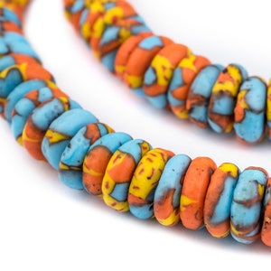 125 Sun and Sea Fused Rondelle Beads - Blue Rondelle Beads - Yellow and Orange - Fused Glass Beads - Blue Saucer Beads (RCY-DSK-MIX-975)