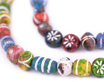 60 Multicolor Patterned Mini Terracotta Beads - African Clay Beads - Jewelry Making Supplies - Made in Ghana + (CLY-MIX-MIX-227)