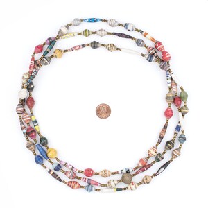 May include: A multi-strand necklace made of colorful paper beads. The beads are rolled from strips of paper and are various sizes and shapes. The necklace is approximately 30 inches long.