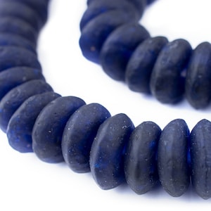 62 Jumbo Cobalt Blue Rondelle Recycled Glass Beads: Powder Bottle Ethnic Disk Ghana Krobo Rustic Handmade Boho Ghanaian (RCY-DSK-BLU-1051)