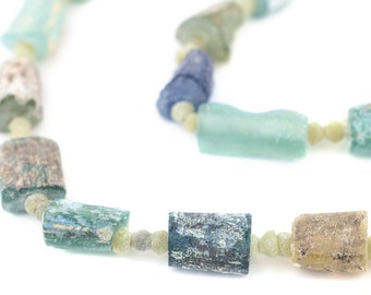 20 rechteckige Medley-Römische Glasperlen: Dicke Patina-Glasperlen aus Afghanistan, Strandweise, Aqua- und Blautöne