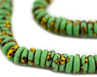 120 Dinosaur Green Fused Rondelle Recycled Glass Beads 11mm: Full Strand - Handcrafted Using Bottle Glass by the Krobo People of Ghana