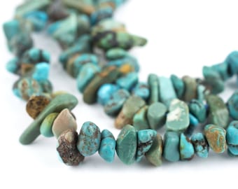 May include: Close-up of a necklace made of turquoise chip beads. The beads are various shades of blue and green, with some showing brown and tan matrix patterns. The necklace is arranged in a curved shape against a white background.