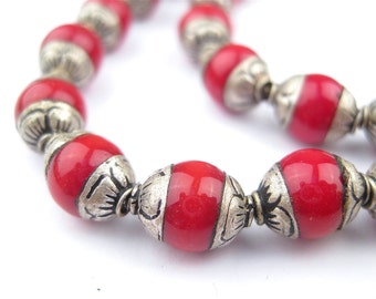 50 Style Nepali Silver Capped Beads - Bead with Silver Cap - Capped - Ethnic Beads - Capped Stone Beads (NPL-OVL-RED-106)
