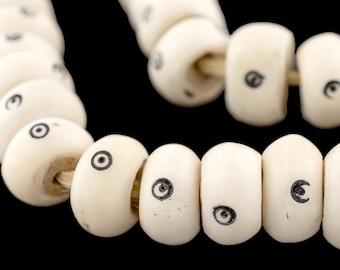 40 Eye Design White Bone Beads Large - African Bone Beads - Jewelry Making Supplies - Made in Kenya + (BON-RND-EYE-272)