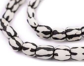 50 Batik Bone Beads - African Trade Beads - Made in Kenya - Stripe - Handmade Tribal Beads - Fair Trade - Black & White (BON-CYL-STRIPE-274)