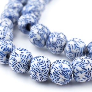 44 Blue & White Fused Recycled Glass Beads: Powder West African Cultured Sea Round Shaped Ghana Krobo Rustic Ethnic Boho (RCY-RND-BLU-1061)