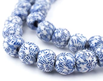 44 Blue & White Fused Recycled Glass Beads: Powder West African Cultured Sea Round Shaped Ghana Krobo Rustic Ethnic Boho (RCY-RND-BLU-1061)