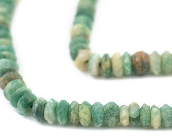 May include: A strand of green and brown gemstone beads. The beads are faceted and have a slightly irregular shape.