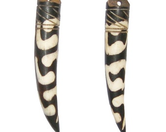 2 Batik Cow Bone Pendants - Bone African Pendant - Fair Trade Made with Ethnic Traditional Mud Cloth Process (PND-BON-142)