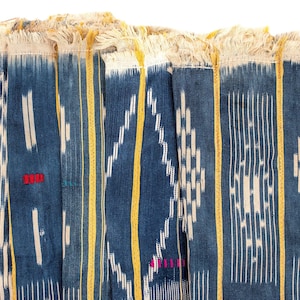 Puede incluir: Primer plano de varios paneles de tela azul índigo con rayas amarillas verticales y patrones geométricos blancos. Los bordes superiores tienen un borde deshilachado blanquecino. Algunos paneles tienen pequeños detalles bordados de colores.