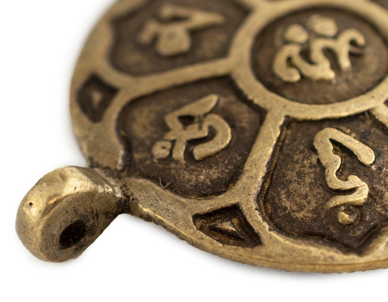 Hum Pendant Antiqued Brass Circular Om Mani Padme Hum Pendant 60x50mm: Yoga Mantra ...