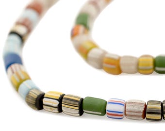 May include: A necklace featuring a variety of cylindrical beads in shades of blue, green, yellow, and orange. The beads display striped and solid patterns. The necklace is set against a white backdrop.