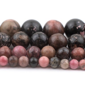 Round Rhodonite Beads: Spherical Gemstone Beads, 4mm 6mm 8mm 10mm, Natural Stone Spacers, Pink Black Jewelry Beads, Wholesale by the Strand