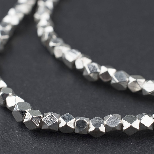 200 Silver Faceted Diamond Cut Beads: Faceted White Metal Beads Ethnic Metal Beads Faceted Cube Beads 3mm Cornerless Cubes (MET-FCT-SLV-518)