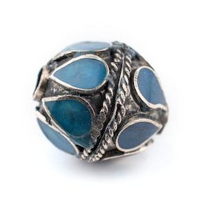 Turquoise-Inlaid Afghani Tribal Silver Bead 20mm: Ornate Bead Focal Bead Turkmen Bead Round Shaped Beads Afghanistan Rustic Silver Beads