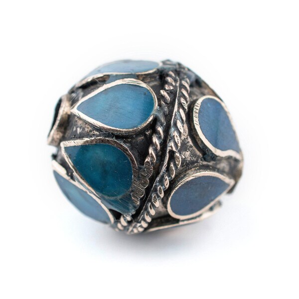 Turquoise-Inlaid Afghani Tribal Silver Bead 20mm: Ornate Bead Focal Bead Turkmen Bead Round Shaped Beads Afghanistan Rustic Silver Beads