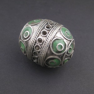 SALE! Berber Silver Bead - African Pendant - Traditional Moroccan Bead - Metal Ornament w/ Green Enamel - Made in Morocco (PND-BRB-127)