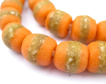 50 Tangerine Orange Kente Krobo Beads: Ghanaian Glass Round Shaped Rustic Ethnic Handmade Boho Traditional Tribal Colorful (KRB-RND-ORG-93)