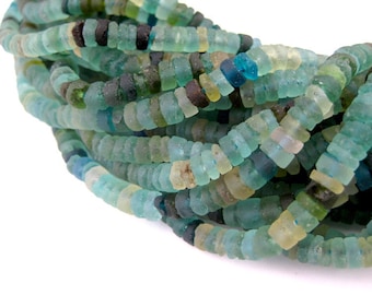 130 Roman Glass Heishi Beads: 15 Inch Strand of Beads Made from Old Excavated Glass Imported from Afghanistan, Cylindrical Sliced Disk Beads