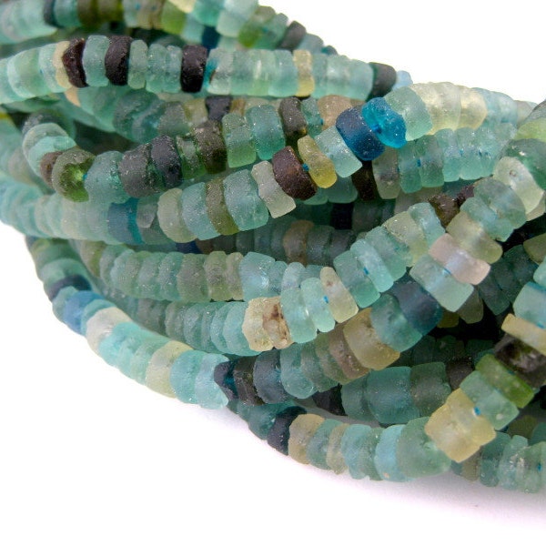 130 Roman Glass Heishi Beads: 15 Inch Strand of Beads Made from Old Excavated Glass Imported from Afghanistan, Cylindrical Sliced Disk Beads