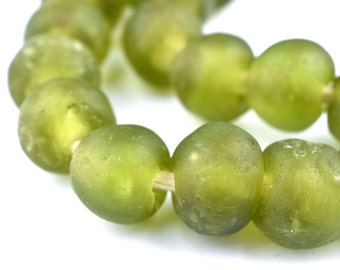 40 Recycled Glass Beads - African Beads - Olive Green - 14mm Round Beads - Fair Trade Necklace - Wholesale -Made in Africa (RCY-RND-GRN-502)