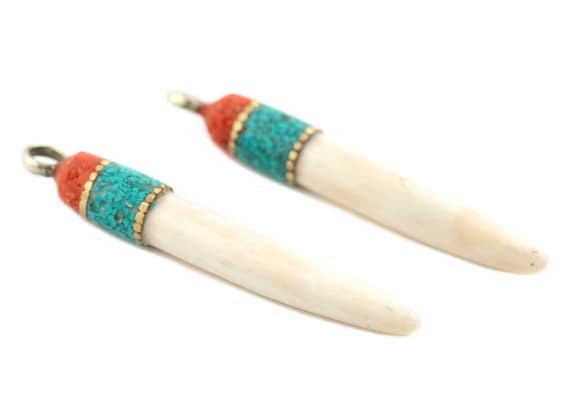 Turquoise & Coral Inlaid Bone Tooth Pendant: Bone Tusk Pendant Natural Coral Beads Inlaid Bone Beads Ethnic Pendant (PND-BON-382)