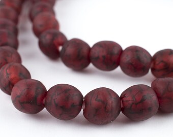 48 Red Black Swirl Recycled Glass Beads 11mm: Fair Trade Beads Frosted Glass Beads Round Shaped Beads Rustic Glass Beads Red Glass Beads