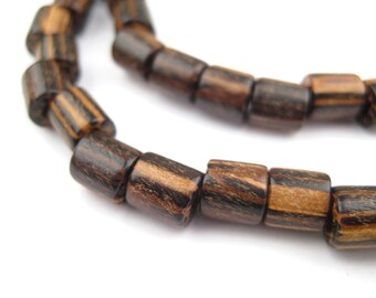 86 Striped Cylinder Wood Beads: Raw Brown Rustic Ethnic Handmade Boho Traditional Spacer Natural Organic (PAC-CYL-BRN-110)