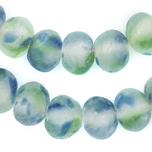 30 Jumbo Blue-Green Swirl Recycled Glass Beads 24mm: Translucent Glass Matte Glass Beads Frosted Glass Beads Ghanaian Trade Beads