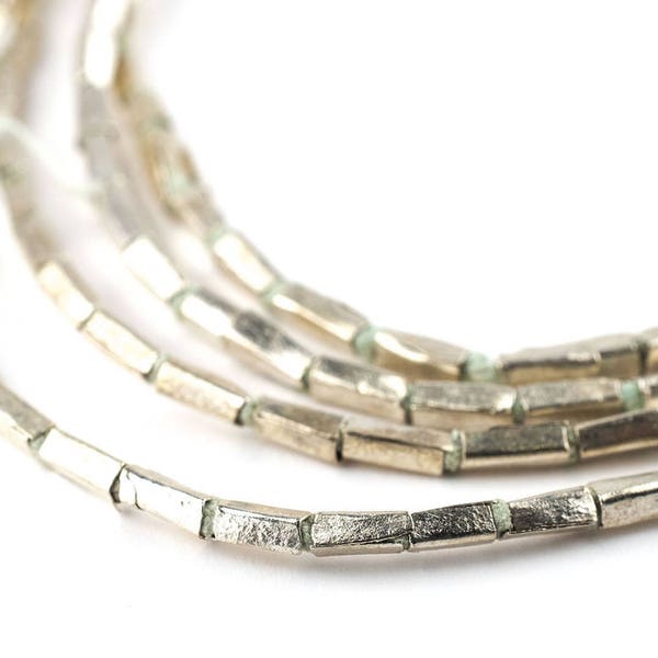 130 silberne rechteckige Rohr äthiopische Perlen: Kleine äthiopische Perlen Afrikanische Silberperlen Ethnische Silberperlen Rustikale Silberperlen